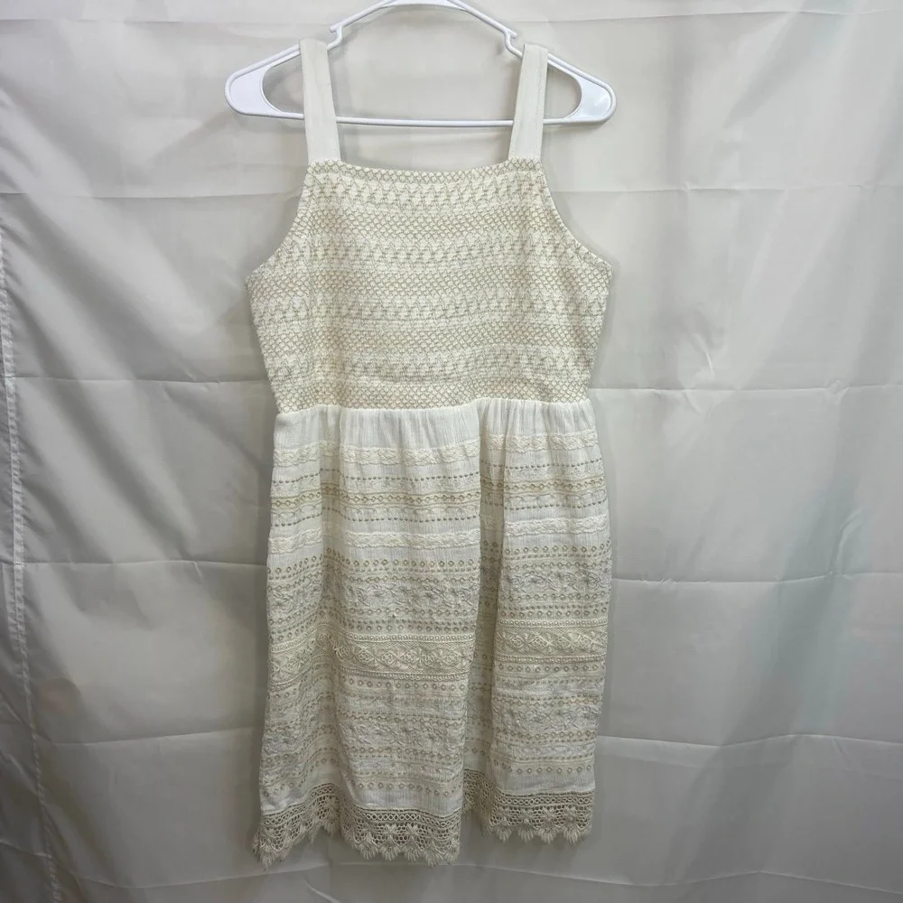 J. Jill women's cream tan embroidered smocked thick‎ strap stretch lace dress XS